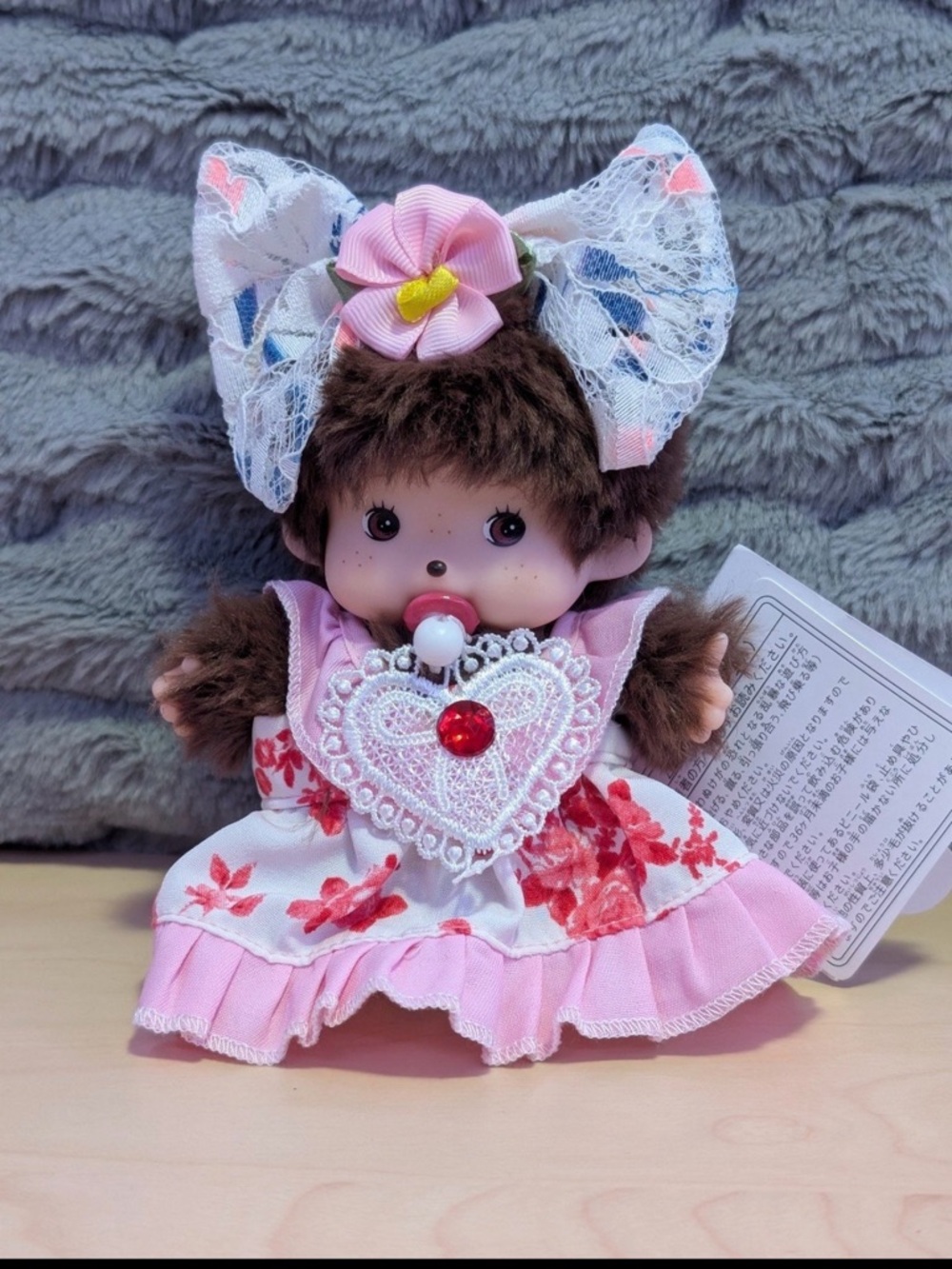 Pink Floral Heart Bib Plush Doll Keychain with Lace Bow